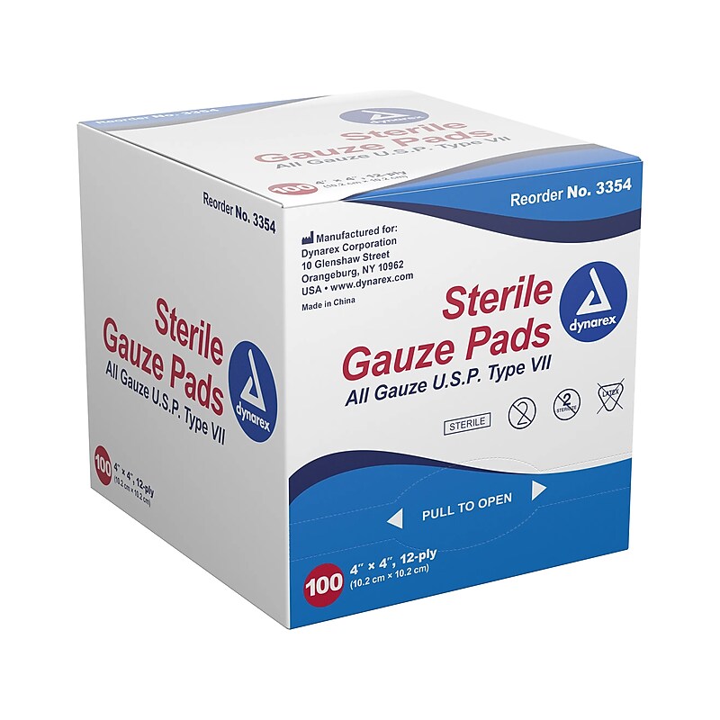 Dynarex 4" Sterile 12-Ply Gauze Pad, 100/Pack, 12 Packs/Carton (3354) image 1