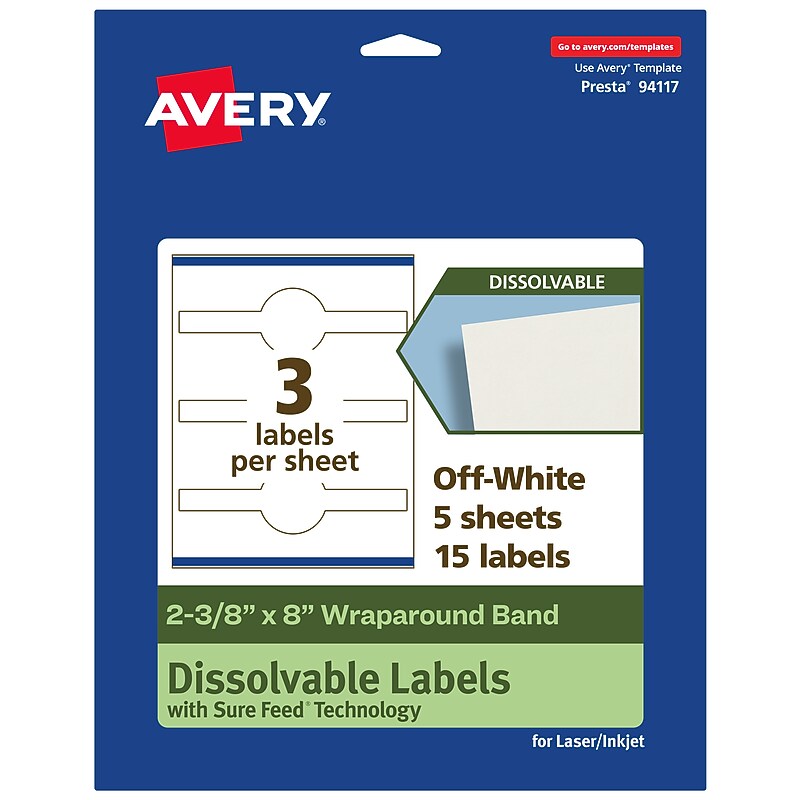 Avery Dissolvable Decorative Edge Multipurpose Labels, 2-3/8" x 8", Off-white, 15/Pack (94117) image 1