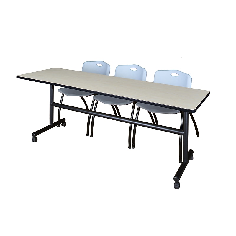 Regency Kobe 84" Flip Top Mobile Training Table- Maple & 3 'M' Stack Chairs- Grey image 1