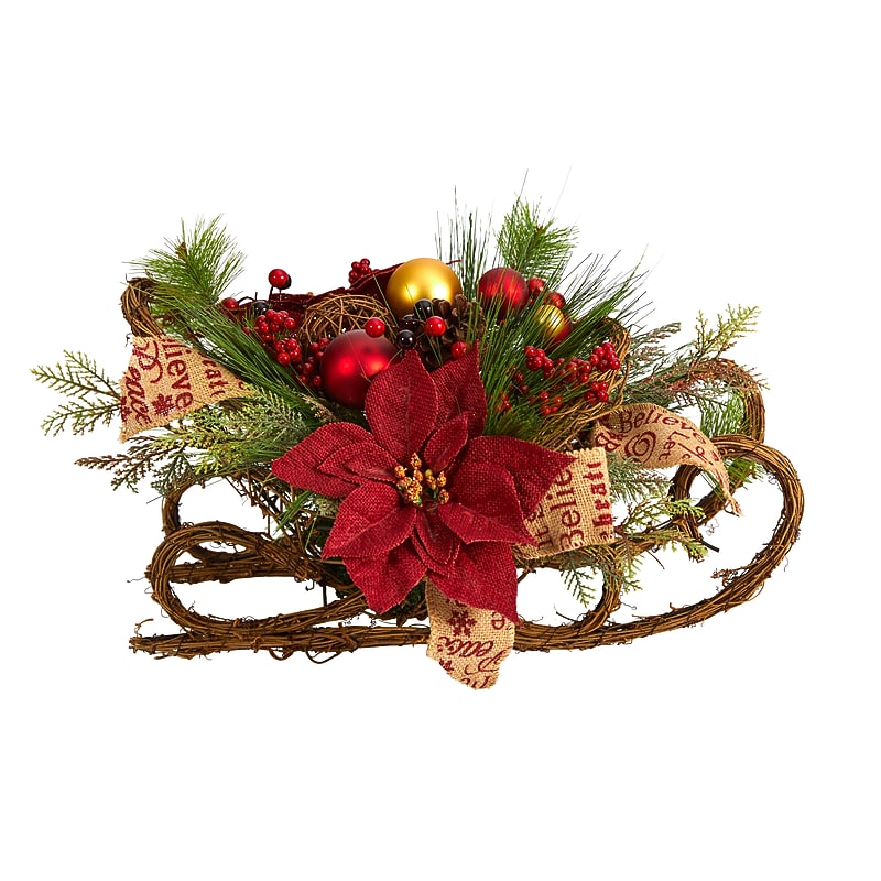 Nearly Natural Artificial Christmas Sleigh with Poinsettia, Berries and Pinecone Arrangement, 18" (A1859) image 1