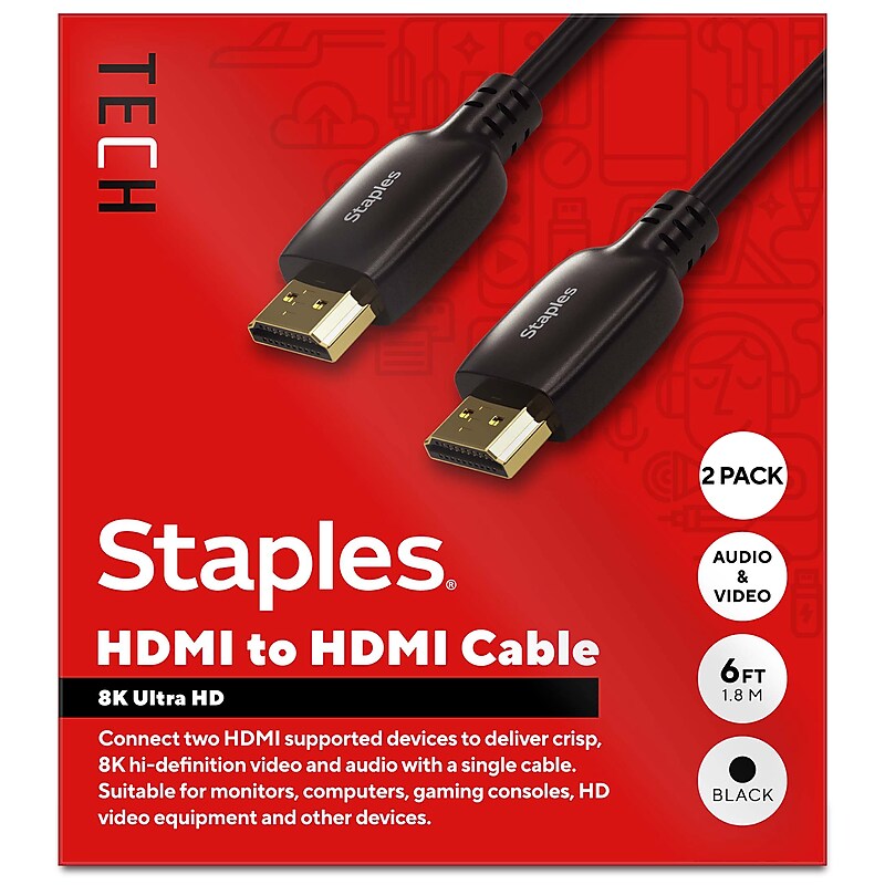 Staples TECH 6 ft. HDMI to HDMI Audio/Video Cable, Male to Male, Black, 2/Pack (ST62477-VB) image 1