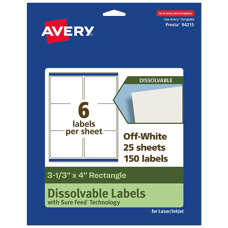 Avery Dissolvable Rectangle Multipurpose Labels, 3-1/3" x 4", Off-white, 150/Pack (94215) image 1