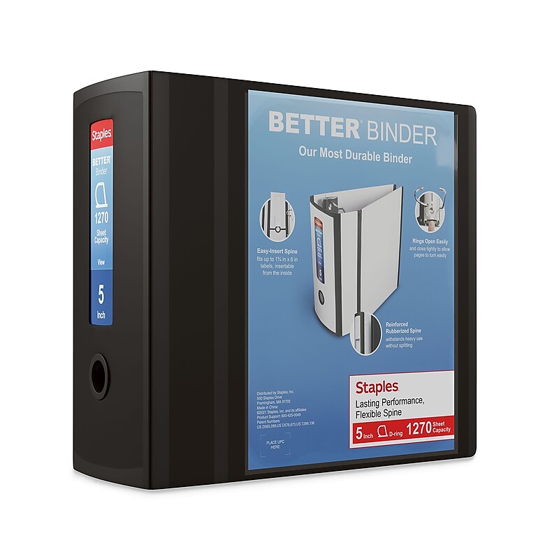 Staples 5" 3-Ring Better Binder, D-Ring, Black (44104) image 1