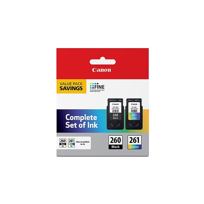 Canon PG-260/CL-261 Black/Tri-Color Standard Yield Ink Cartridge, 2/Pack (3725C006) image 1