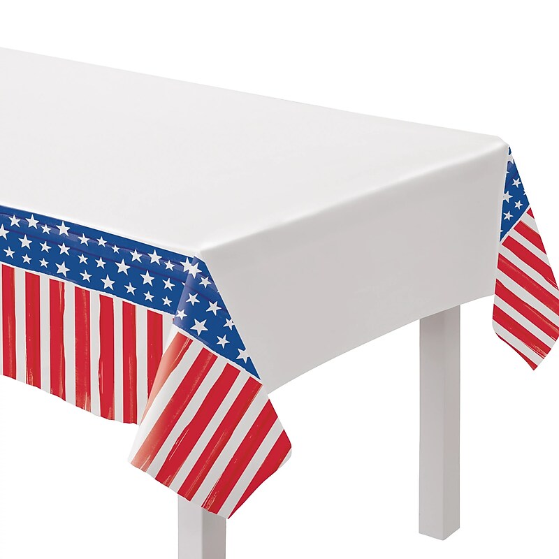 Party City Painted Patriotic 96" x 54" Plastic Table Cover, White/Red/Blue (AM573079-PC) image 1