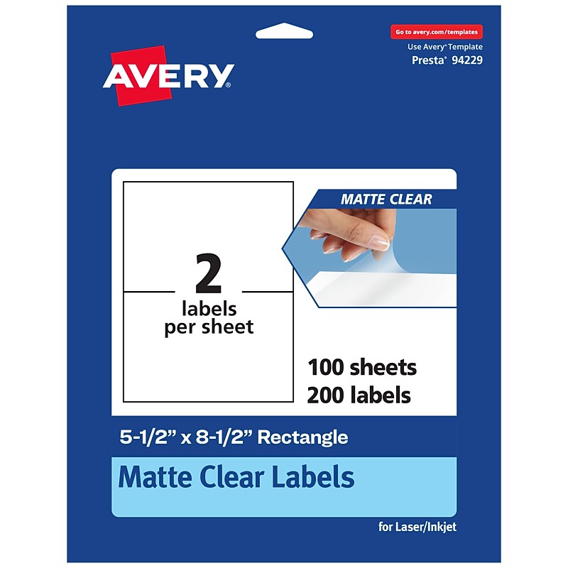 Avery Laser/Inkjet Rectangle Multipurpose Labels, 5-1/2" x 8-1/2", Clear, 200/Box (94229) image 1