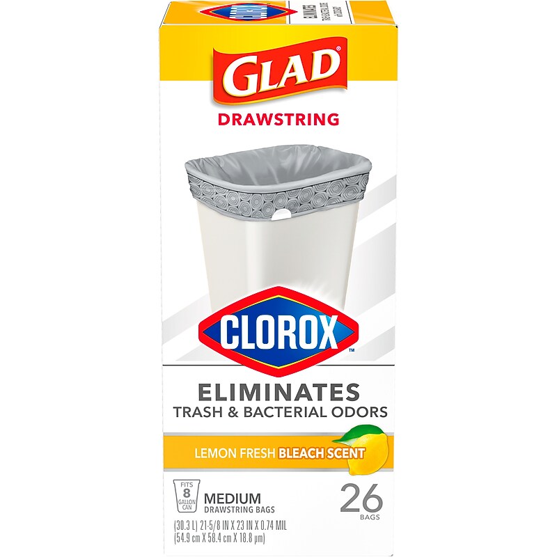 Glad with Clorox Medium 8 Gallon Drawstring Kitchen Trash Bag, Lemon Fresh Bleach Scent, 26 Total Bags (79316) image 1