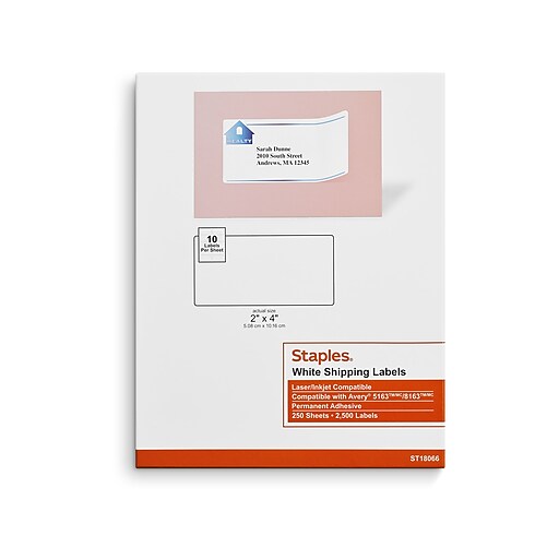 Staples Laser/Inkjet Shipping Labels, 2" x 4", White, 10 Labels/Sheet