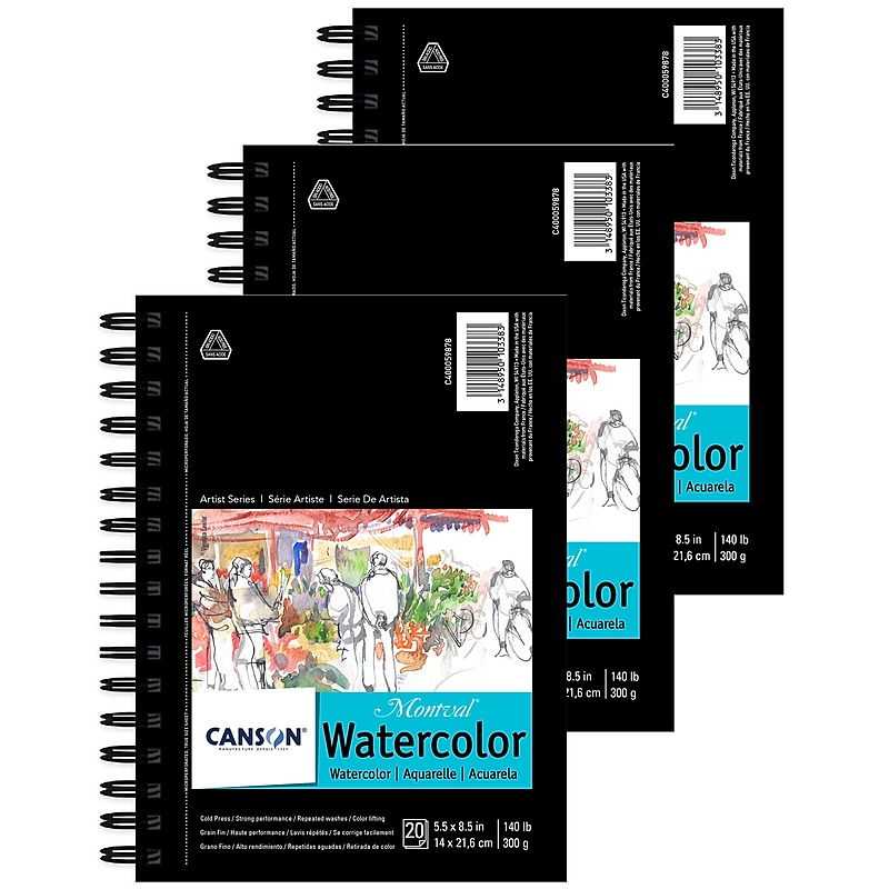 Canson Artist Series 5.5" x 8.5" Wire Bound Montval Watercolor Sketch Pad, 20 Sheets/Pad, 3/Bundle (MCXC400059878-3) image 1