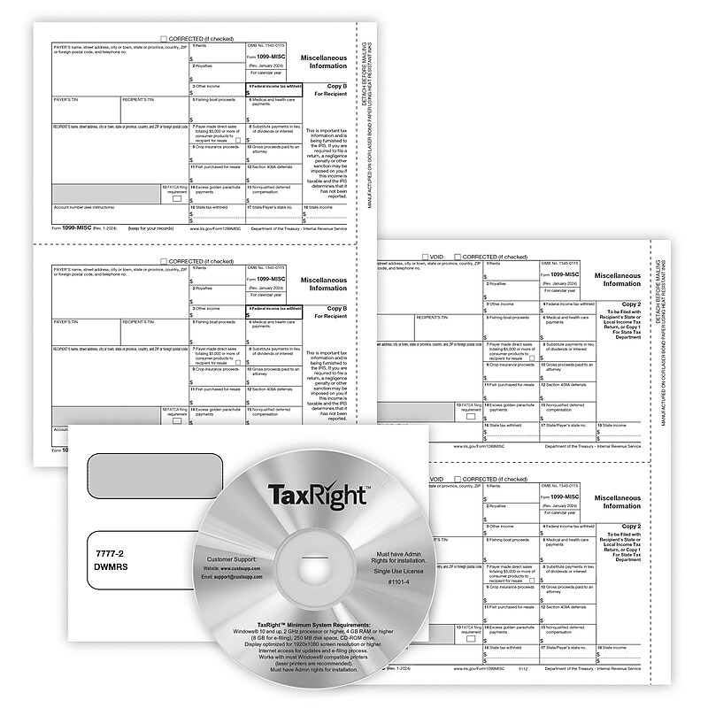ComplyRight 2024 1099-MISC Recipient Copy Only Tax Form, Envelopes and TaxRight Software, 3-Part, 2-Up, White, 50/Pack (6113ES) image 1