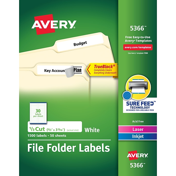 Avery TrueBlock Laser/Inkjet File Folder Labels, 2/3