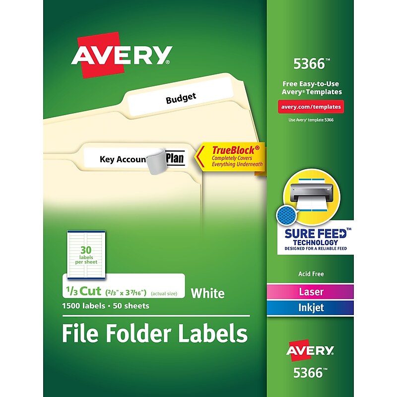 Avery TrueBlock Laser/Inkjet File Folder Labels, 2/3" x 3-7/16", White, 1,500 Labels/Pack (5366) image 1