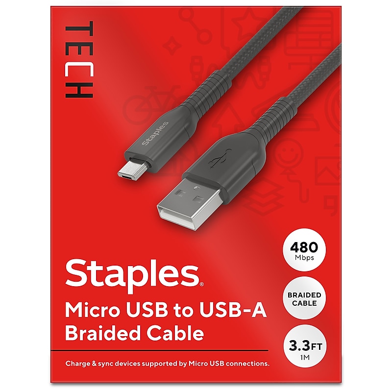 Staples TECH Micro USB to USB-A Charging Cable, 3.3 ft., Black (ST62327) image 1