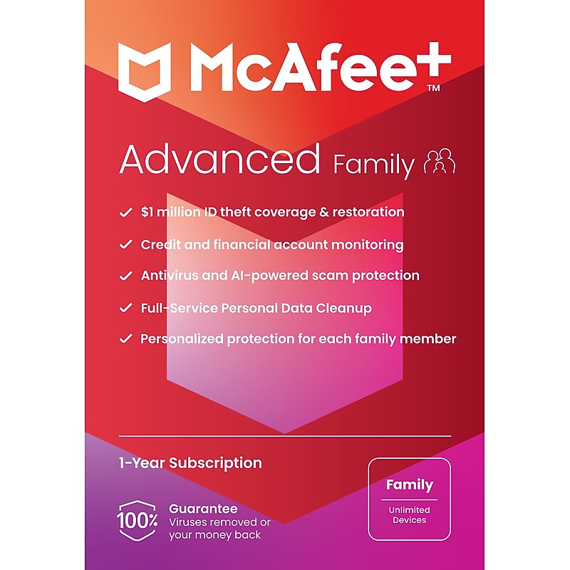 McAfee+ Advanced Individual for Unlimited Users, Windows/Mac/Android/iOS/ChromeOS, Product Key Card (MPP21ESTURFLM) image 1