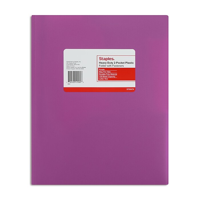 Staples Matte 2-Pocket Plastic Portfolio Folder with Fasteners