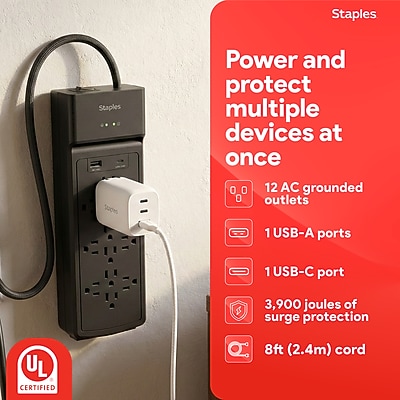 Staples TECH 12-Outlet 2-USB Port Surge Protector, 8′, 3900 Joules, Black (ST62774) Sansujyuku sansujyuku.com
