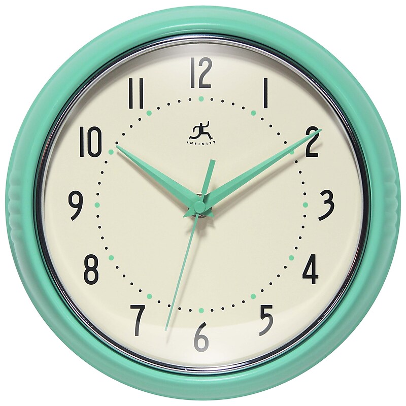 Infinity Instruments Round Retro Mint Green Wall Clock, Aluminum, 9.5" (10940MT) image 1