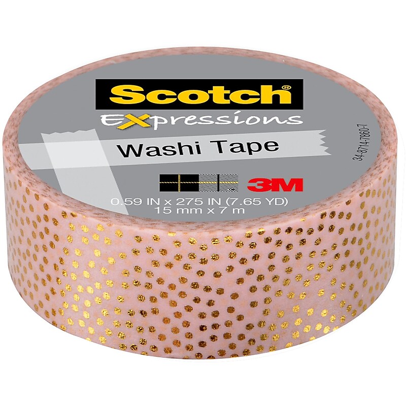 Scotch Expressions Washi Tape, 0.59" x 7.65 Yds., Pastel Pink & Gold Dots (C614-P2) image 1