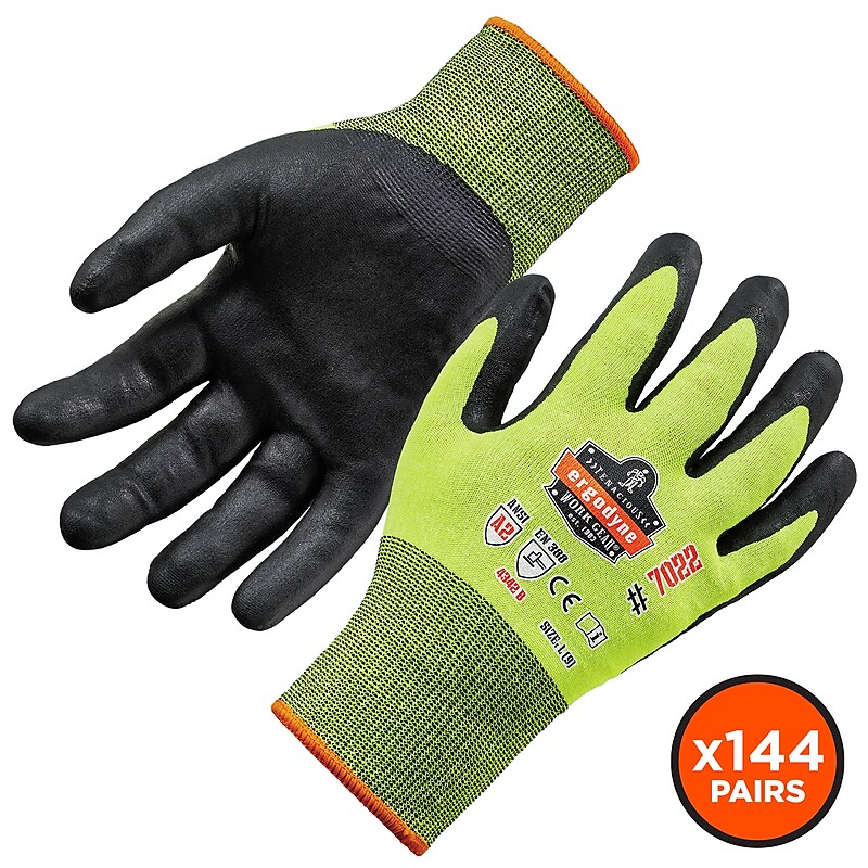 Ergodyne ProFlex 7022 Hi-Vis Nitrile Coated Cut-Resistant Gloves, ANSI A2, Dry Grip, Lime, XL, 144 Pairs (17875) image 1
