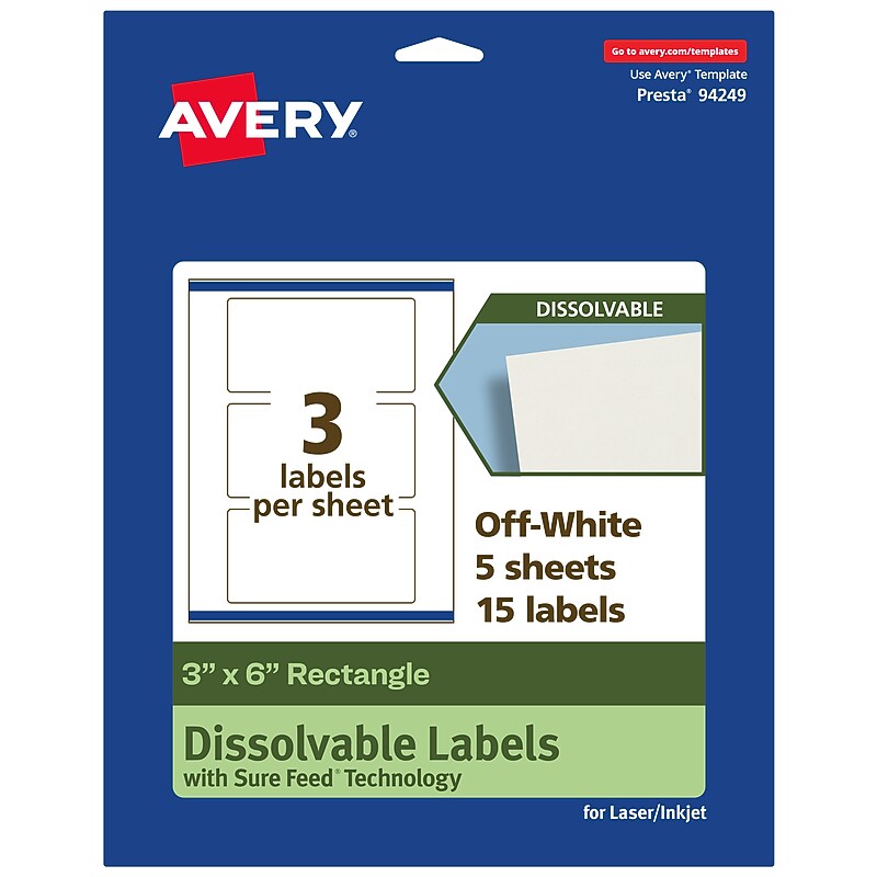 Avery Dissolvable Rectangle Multipurpose Labels, 3" x 6", Off-white, 15/Pack (94249) image 1