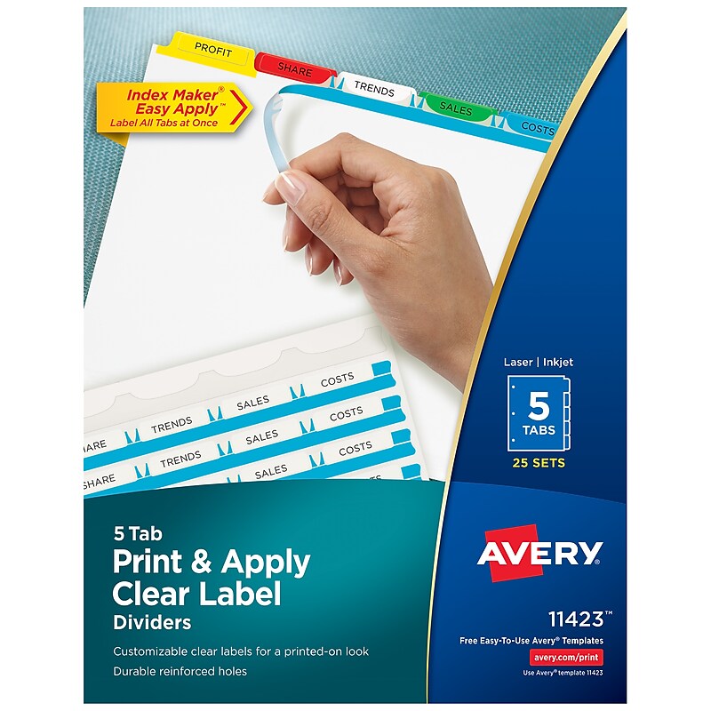 Avery Index Maker Paper Dividers with Print & Apply Label Sheets, 5 Tabs, Multicolor, 25 Sets/Pack (11423) image 1