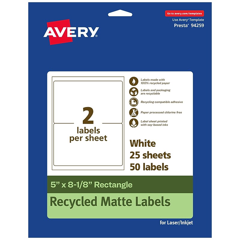 Avery EcoFriendly Laser/Inkjet Rectangle Multipurpose Labels, 5" x 8-1/8", White, 50/Pack (94259) image 1