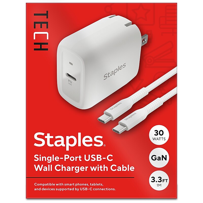 Staples TECH GaN USB-C Wall Charger with Cable, 30W, White (ST62325-CC) image 1