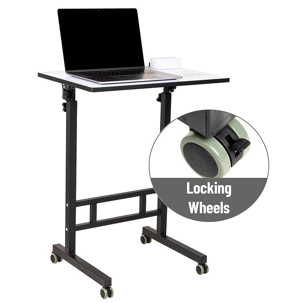 Angled view of whiteboard desk with wheels