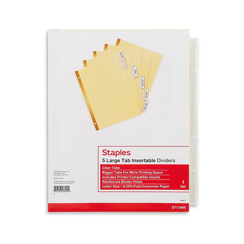 Staples Large Tab Insertable Paper Dividers, Clear 5 Tab, Buff (13486/11110) image 1