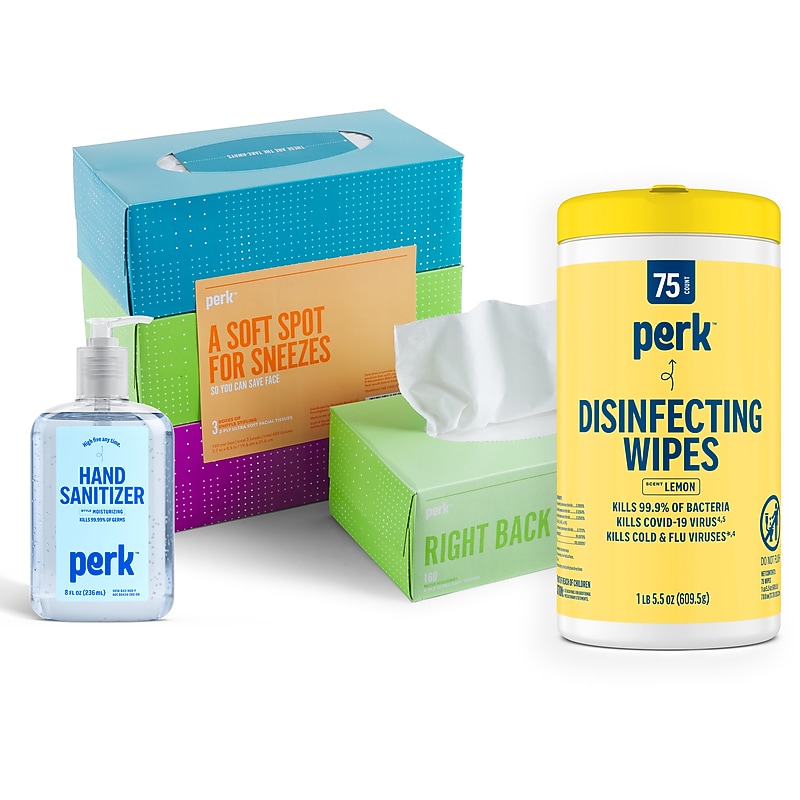 Perk Cold and Flu 70% Alcohol Gel Hand Sanitizer, Tissues & Lemon Scented Wipe Bundle, 3/Pack (PK55489-VB) image 1
