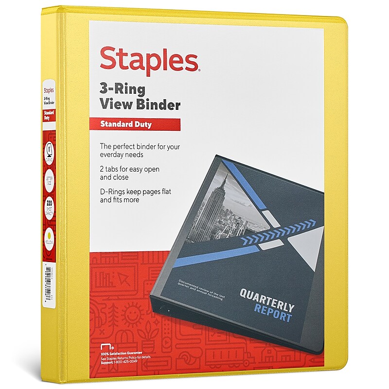 Staples 1" 3-Ring View Binders, D-Ring, Yellow (58653) image 1