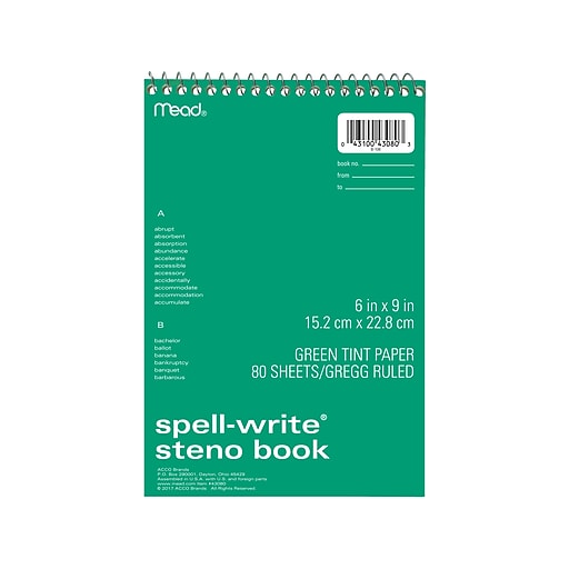 Mead SpellWrite Steno Pad, 6" x 9", GreggRuled, Assorted Colors, 80