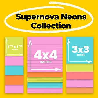 Post-it Super Sticky Notes, Assorted Sizes, Supernova Neons Collection, Lined, 15 Pads/Pack (4423-15SSMIA)