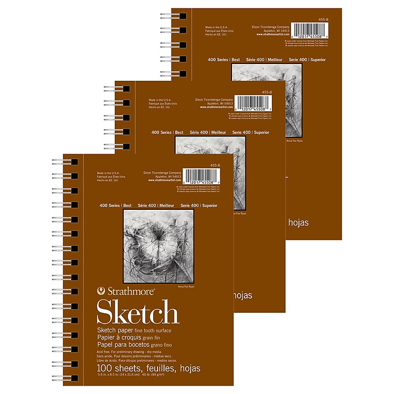 Strathmore 400 Series 5.5" x 8.5" Wire Bound Sketch Pad, 100 Sheets/Pad, 3/Bundle (STTP455806-3) image 1