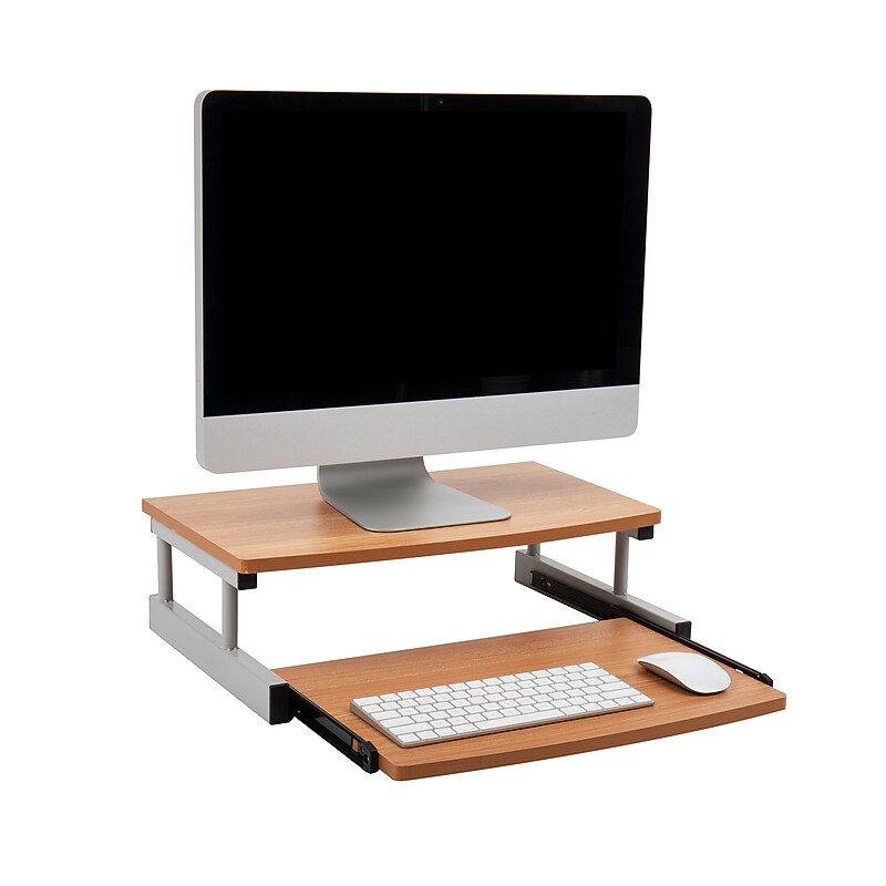 Mind Reader 2-Tier Monitor Stand with Sliding Keyboard Drawer, Brown (2TSLIDE-BRN) image 1