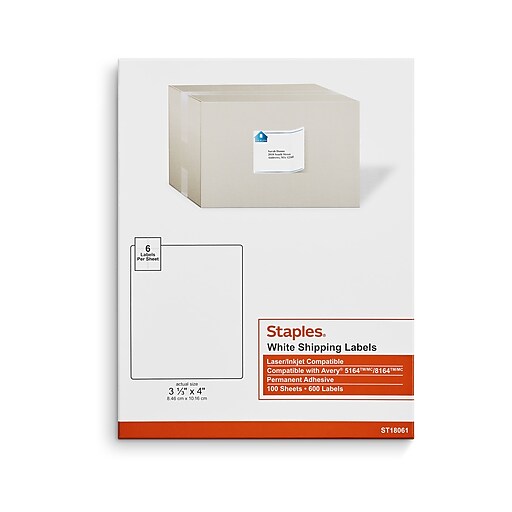 Staples Laser/Inkjet Shipping Labels, 3 1/3" x 4", White, 6 Labels/Sheet, 100 Sheets/Pack, 600
