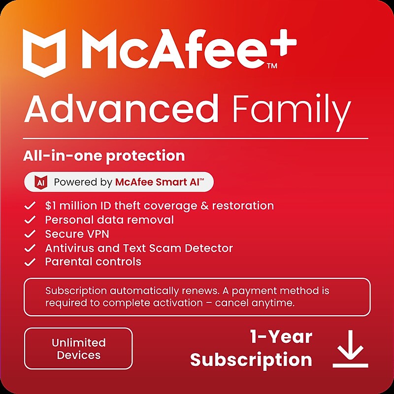 McAfee+ Advanced Family for Unlimited Users, Windows/Mac/Android/iOS/ChromeOS, Download (MPA41ESTURAFD) image 1