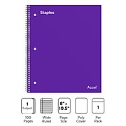 Staples Premium 1-Subject Notebook, 8" x 10.5", Wide Ruled, 100 Sheets, Purple (TR20960)