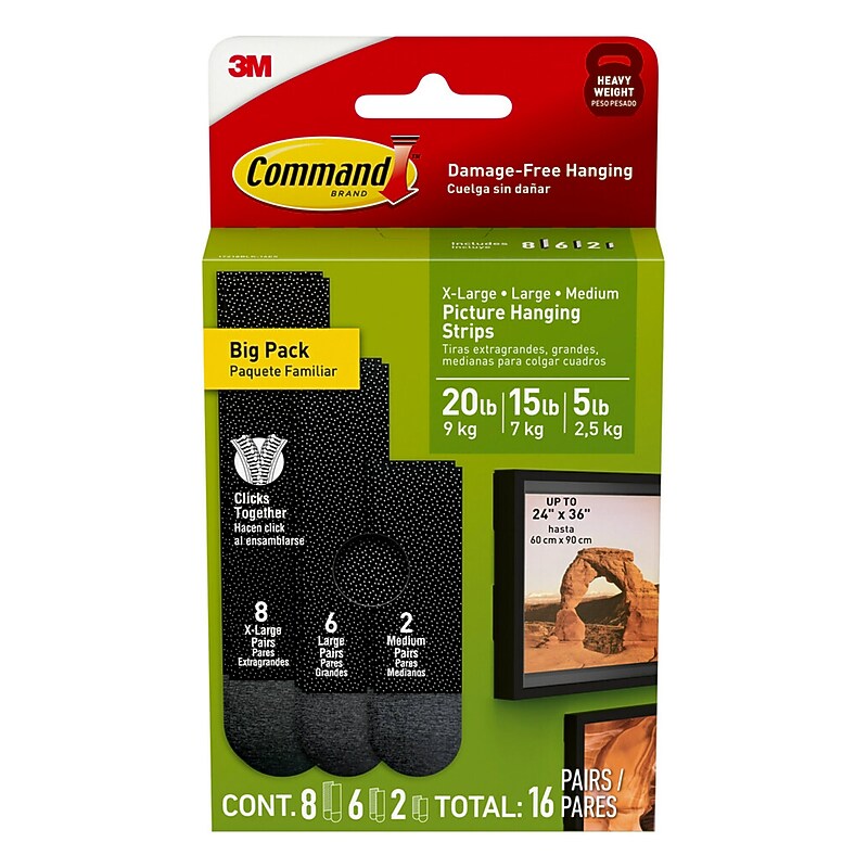 Command Picture Hanging Strip Mixed Pack, Black, 16/Pack (17218BLK-16ES) image 1