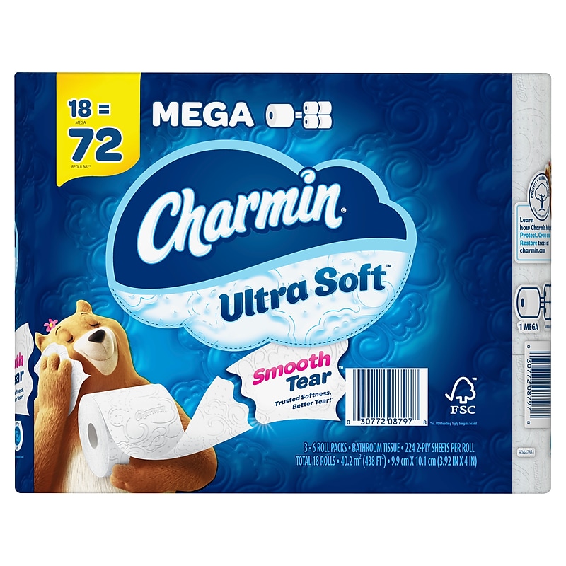 Charmin Ultra Soft Mega Toilet Paper, 2-ply, White, 224 Sheets/Roll, 18 Rolls/Case (87978/01450) image 1