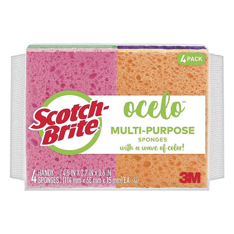 Scotch-Brite Ocelo Handy Multi-Purpose Sponges, Assorted Colors, 4 Sponges/Pack (7274-FD) image 1