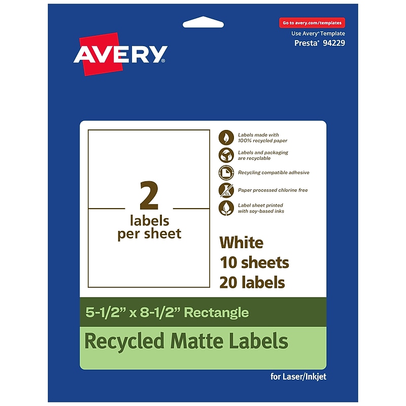 Avery EcoFriendly Laser/Inkjet Rectangle Multipurpose Labels, 5-1/2" x 8-1/2", White, 20/Pack (94229) image 1