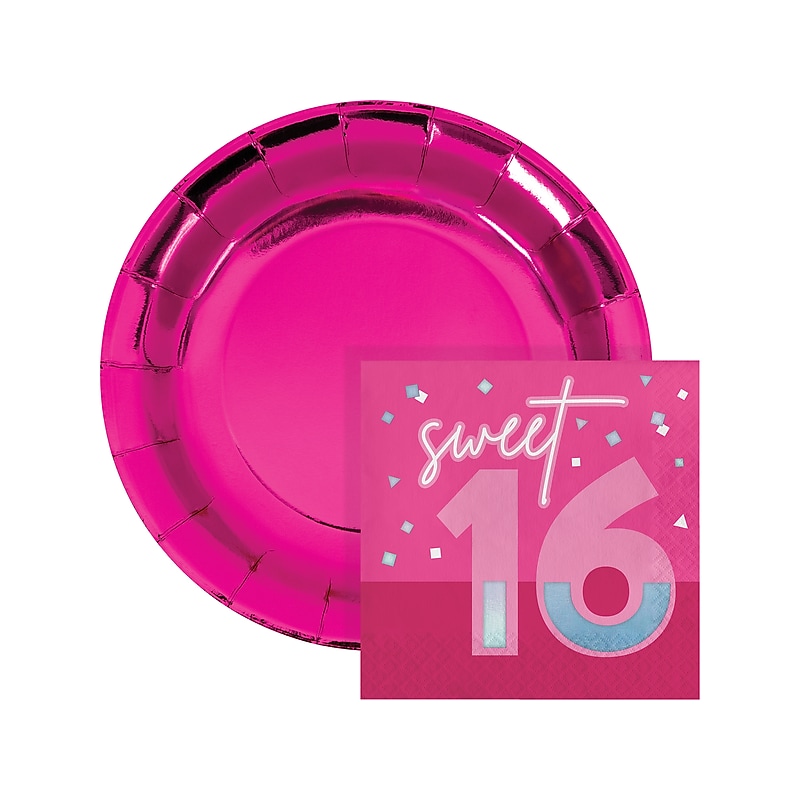 Creative Converting 16th Birthday Plates and Napkins Kit, Hot Pink (DTC9122E2H) image 1