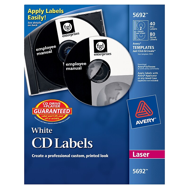 Avery Laser Media Labels, White Matte, 40 Disc and 80 Spine Labels/Pack (5692) image 1