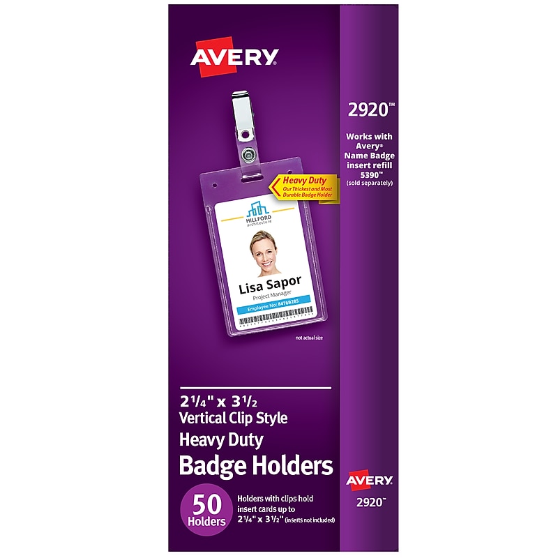 Avery Secure Top Heavy Duty Clip Style Name Badge Holders, 3 1/2" x 2 1/4", Clear Portrait Holders, 50/Box (2920) image 1