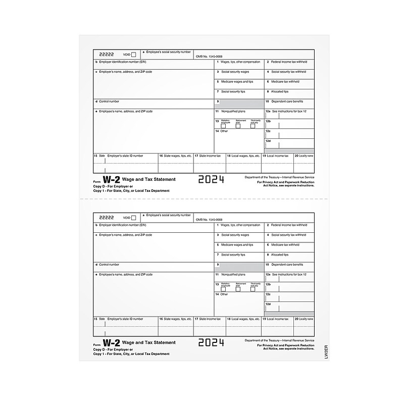 Adams 2024 W-2 1-Part Copy 1/D Laser/Inkject Tax Forms, 100/pack (LW2ERQ) image 1