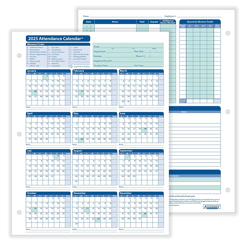 ComplyRight 2025 Attendance Calendar Card, 50 Forms/Pack (A4000W50) image 1