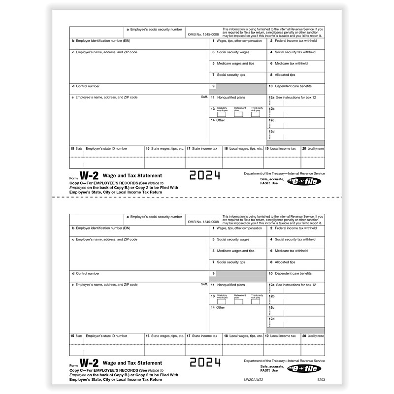 ComplyRight 2024 W-2 Tax Form, 2-Part, 2-Up, Employee Copy C, 50/Pack (520350) image 1