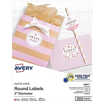 Avery Waterproof Laser/Inkjet Labels, 2" Diameter, White, 12 Labels/Sheet, 25 Sheets/Pack, 300 Labels/Pack (22877)