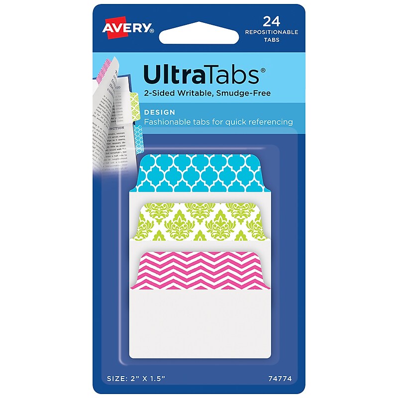 Avery UltraTabs Repositionable Multiuse Tabs, 2" x 1.5", Assorted Designs, 24/Pack (74774) image 1